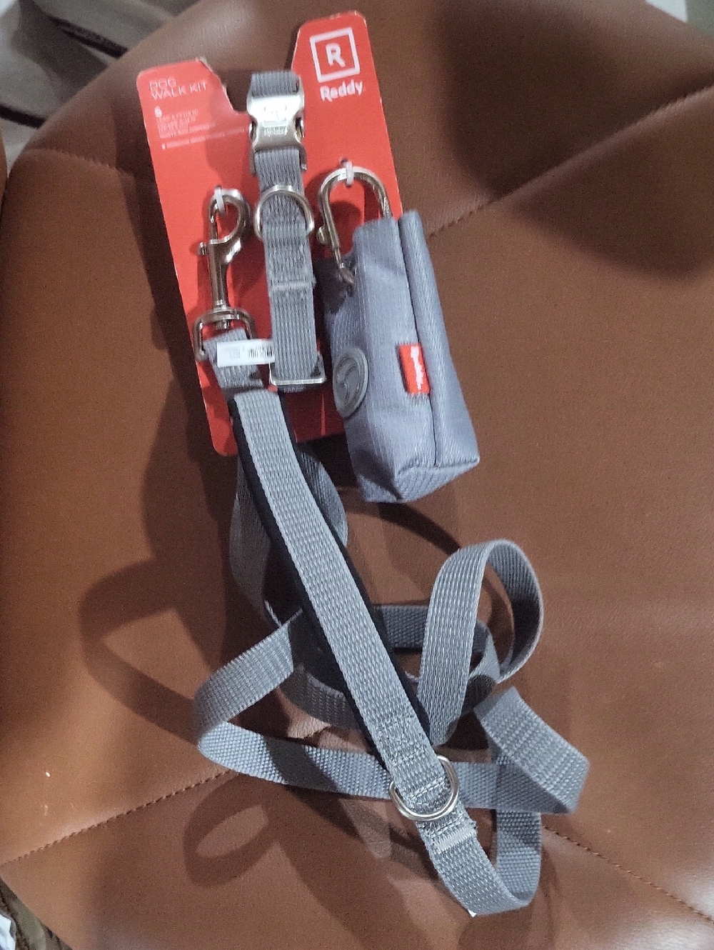 Reddy Gray Dog Walk Kit - Leash and Waste Bag Holder Size Small